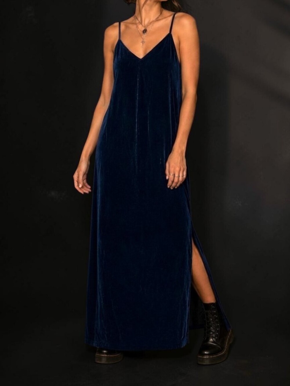Old Navy Blue Velvet Velour Slip Maxi Dress Side Slit Spaghetti Strap V Neck NWT